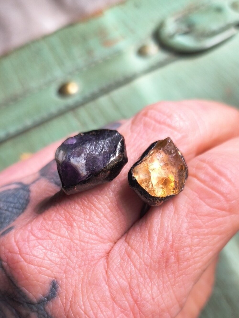 Artisan Raw Amethyst and Citrine Copper Open Ring Boho Chic Bohemian Renfaire